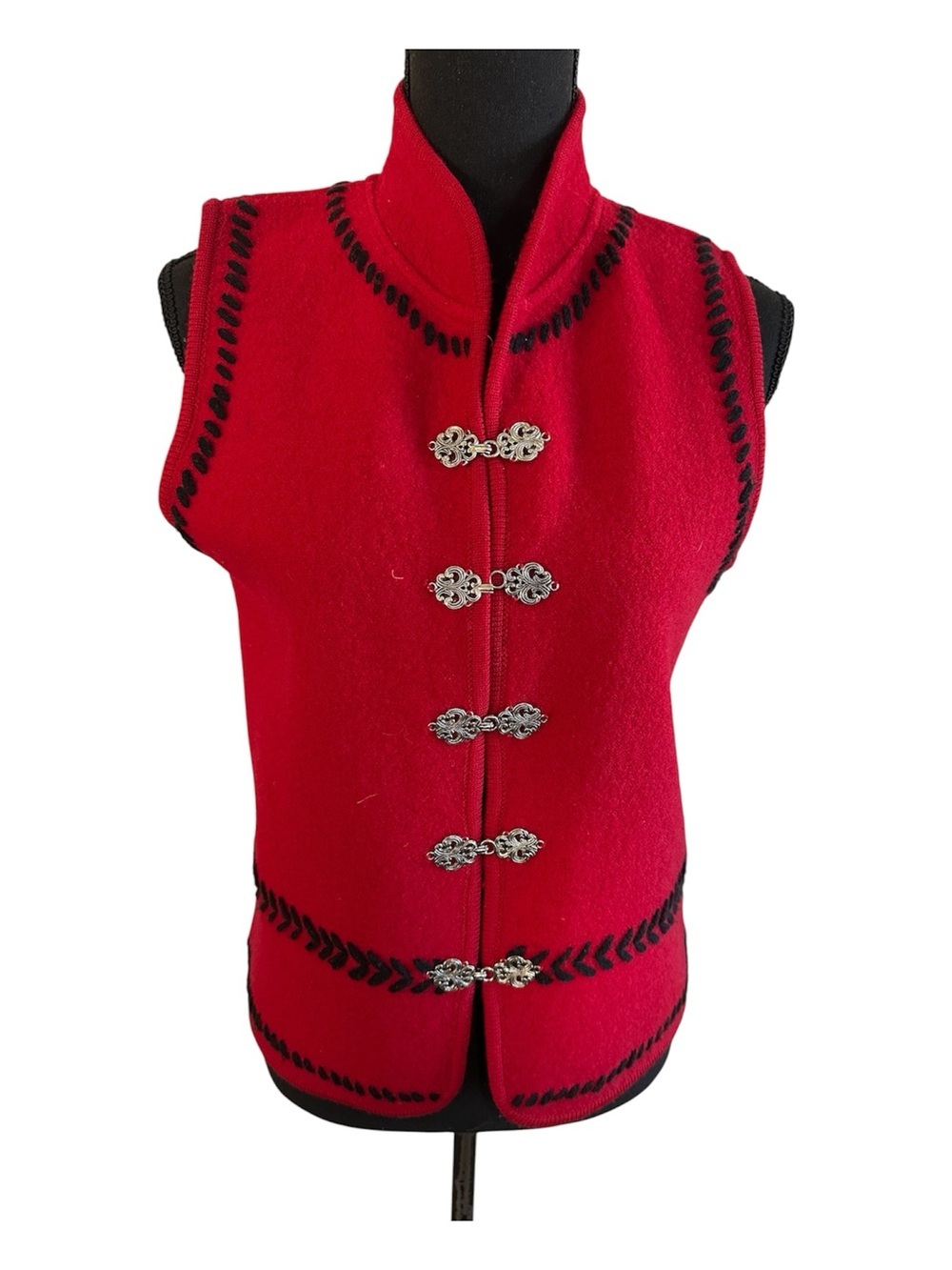 Tally Ho Red Wool Vest with Black Trim and Silver Clasps